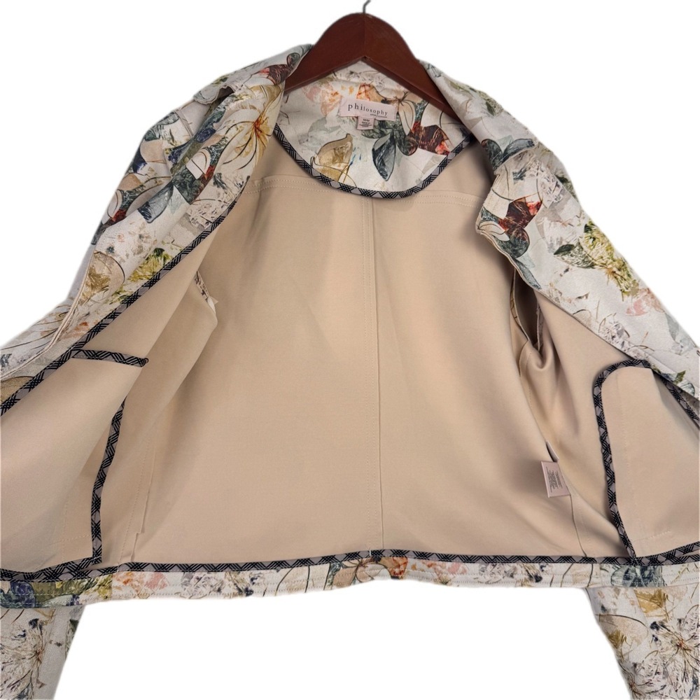 Philosophy Moto Jacket Women Medium Cream Floral Faux Leather Open Front Pockets - Picture 3 of 10